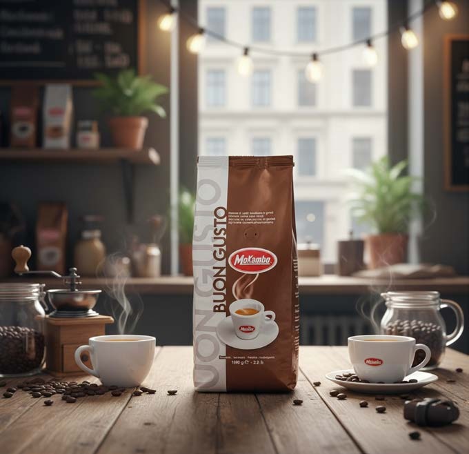 Bolsa de cafe Mokambo Buon Gusto acompanada de tazas de espresso, utilizada para presentar el cafe italiano en grano de Coffitalia.