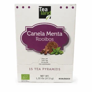 Caja de té rooibos ecológico Té Land Canela Menta con 15 pirámides, fondo blanco.