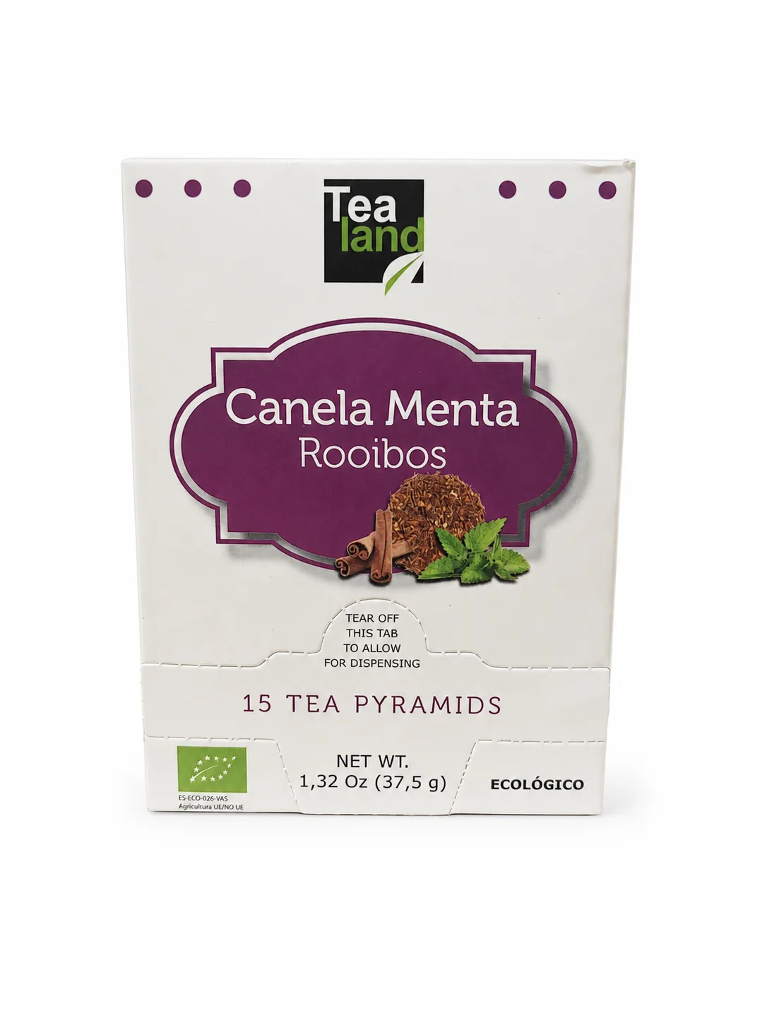 Caja de té rooibos ecológico Té Land Canela Menta con 15 pirámides, fondo blanco.