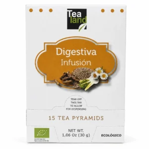 Caja de infusión ecológica Té Land Digestiva con 15 pirámides, fondo blanco.