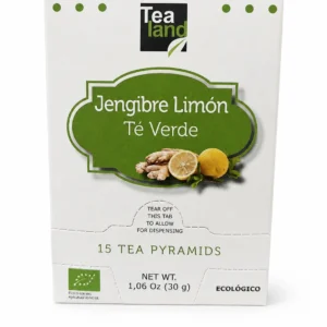 Caja de té verde ecológico Té Land Jengibre Limón con 15 pirámides, fondo blanco.